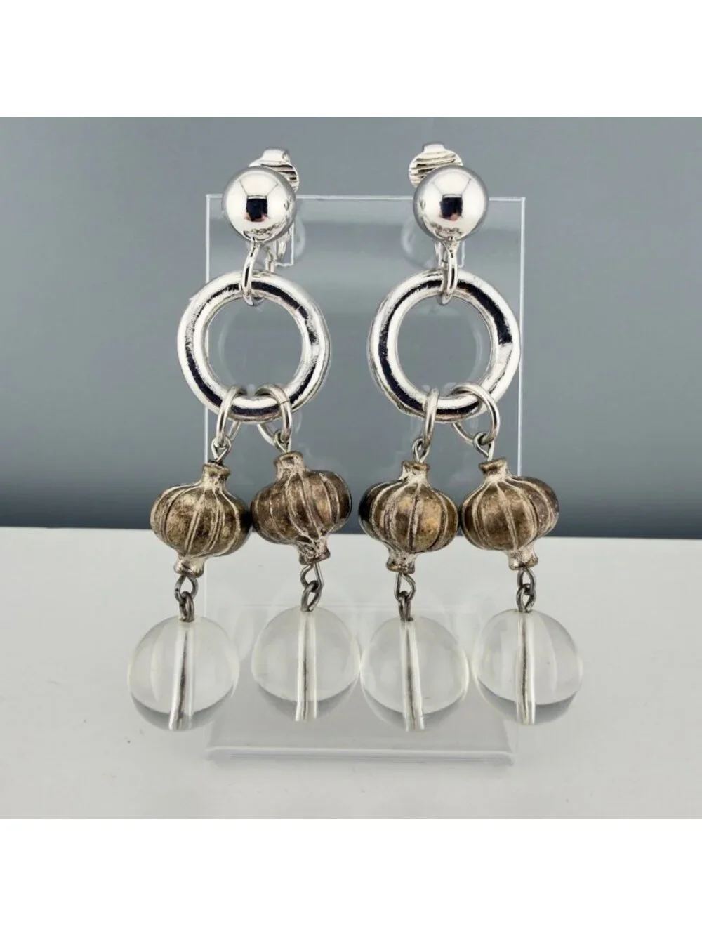 Vintage Silver Tone Earrings Lucite Brass Dangle Orbs 3 Inches Long Clip On